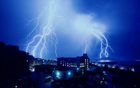 thunderstorm on city - thunderstorm, lightning, sky, building