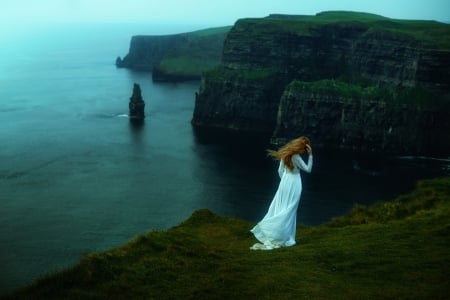 Nostalgia - white, girl, mountain, thinking, dress