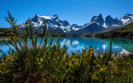 Blue mountain lake - blue, beautiful, tranquil, landscape, reflection, wildflowers, mirror, serenity, lake, sky, rocks