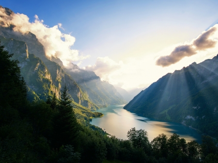 Natural Lake,Switzerland - clouds, trees, alps, nature, lake, forest, mountains