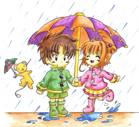 Sharing - comic, art, rain, sharing, umbrella, joy