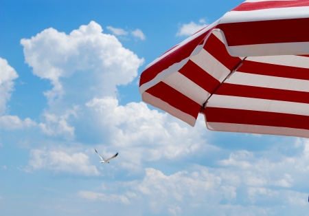 Sunshine - clouds, white, umbrella, summer, red, seagull, sunshine, sky