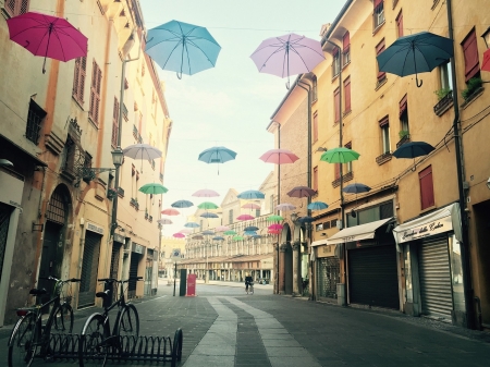 Colorful decoration - stores, umbrellas, alley, colorful, bikes