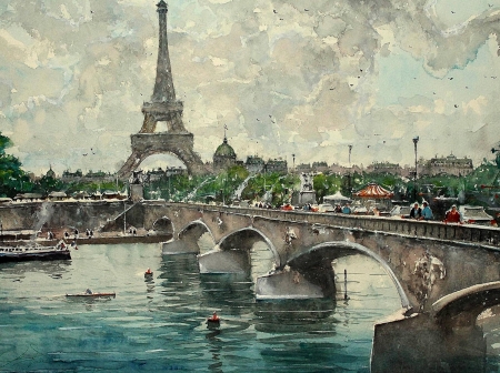 Paris - eiffel tower, water, paris, painting, art, sena, france, blue, maximilian damico, pictura, bridge