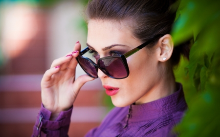 Girl - summer, girl, purple, hand, green, woman, model, face, sunglasses