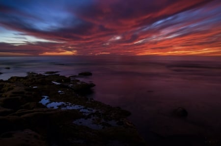 A Drift on the Tide, Los Angeles, California - clouds, sunset, water, sea, rocks, sky