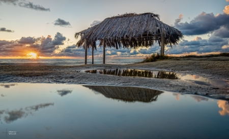 Lonely Night at Wind and Sea - reflections, pavillion, sun, sunset, sea