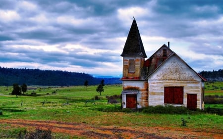 abandoned hope - sky, field, grass, church