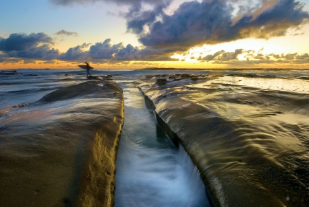 Surf Life, La Jolla Beach, San Diego, California - sky, clouds, surfer, sunset, sea