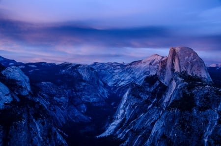 The Blues Fall on Half Dome, Yosemite - clouds, river, landscape, valley, sky