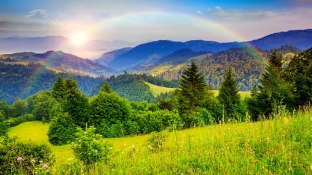 After the rain - rainbow, valley, sky, mountain, hills, rain, greenery, colorful, meadow, beautiful, grass, wildflowers