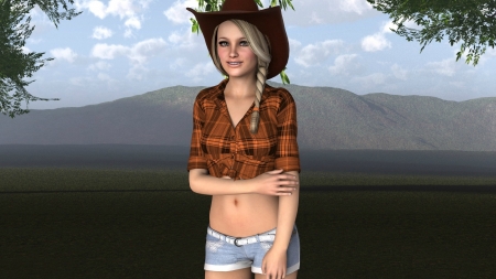 ~Cowgirl~ - branches, hat, mountain, clouds, cowgirl, leaves, blonde