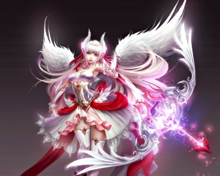 Aphrodite - game, aphrodite, archer, girl, feather, beauty, angel, league of angels, pink, arrow, fantasy, white, red, wings, cute, luminos