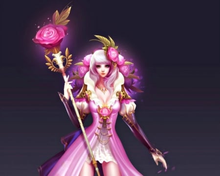 Fantasy girl - woman, girl, rose, league of angels, flower, pink, luminos