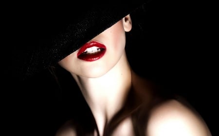 Mysterious woman - woman, models, female, people, lips, hat, black, mouth, face, red