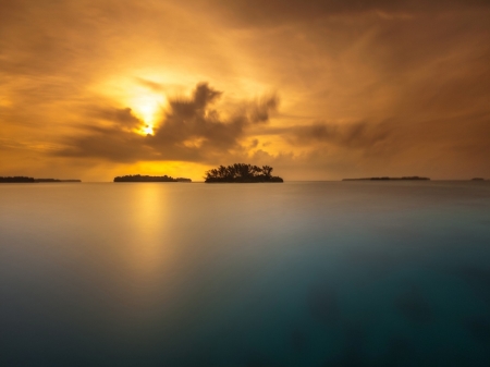 Sea Sunset - clouds, trees, sunset, nature, island, sea