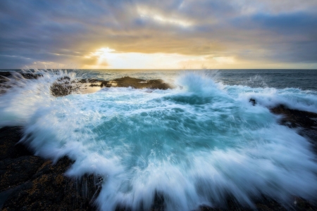 Thor's Well, Oregon - sky, sun, clouds, sunset, sea, rocks