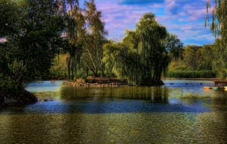 Lake Island - sky, sunshine, trees, clouds, water, stones