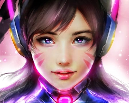 D.Va - face, pink, overwatch, headphones, beauty, game, girl, blue, art, muju, d va, fantasy, luminos, tracer