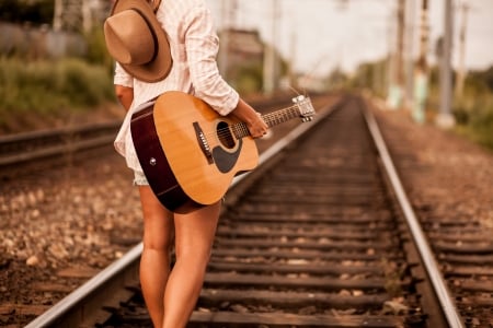 Traveling Cowgirl.. - style, girls, western, guitar, women, railroad, saddles, tracks, models, hats, cowgirl, fun, female, barns, boots, fashion