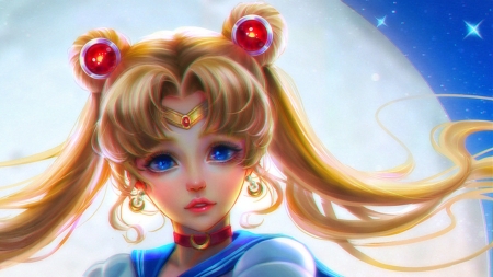 Sailor Moon - girl, serenity, sailor moon, face, kazuki2013, yellow, luminos, red, blue, anime, luna, cute, blonde, manga