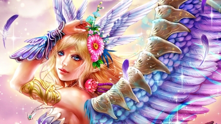 Angel - anime, blue, blonde, angel, pink, luminos, girl, feather, beauty, flower, manga, fantasy, hand, fumusete, woman, wings, usuda hiro