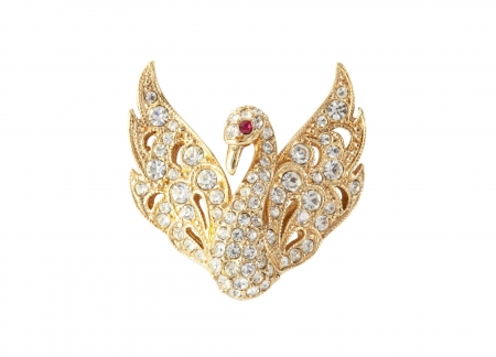 Swan - bird, stone, swan, diamond, gold, jewel, red eyes, white, wings, brooch, golden, card