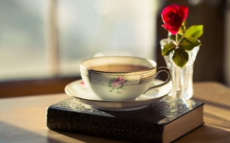 Still Life - rose, tea, cup, book