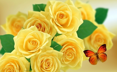 Roses and A Butterfly - roses, butterfly, flowers, yellow