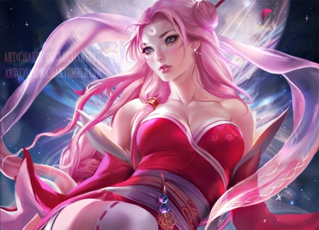 Lunar princess - pink, beauty, sakimichan, girl, luna, art, lunar princess, fantasy, moon, luminos, woman