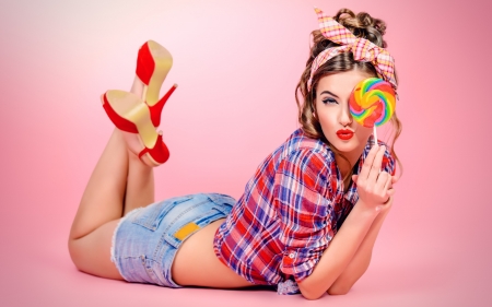 Sweet - jeans, girl, pink, sweet, stilettos, lollipop, red, woman, model, kiss, candy