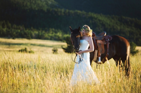 Cowgirl Bride - saddle, cowgirl, bride, trees, dress, blonde, field, horse