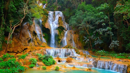 Waterfall - hill, forest, trees, rocks