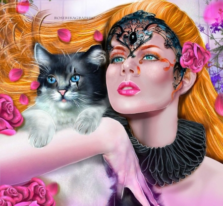 Lespetalesdechat - fantasy, lady, pink, cat