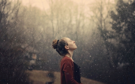 enjoying the snow - woman, brunette, tree, snow