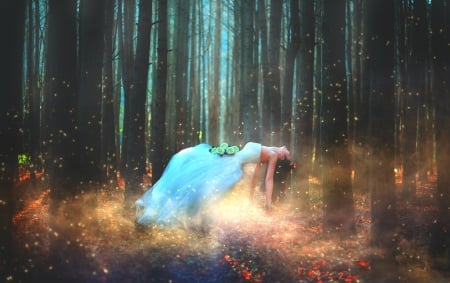 Forest Girl - woman, forest, trees, sparks