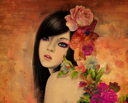 Beautiful Face - flowers, face, woman, art