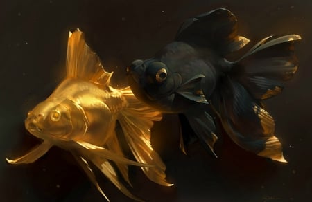 Zodiac ~ Pisces - art, couple, zodiac, luminos, pisces, black, golden fish, fantasy