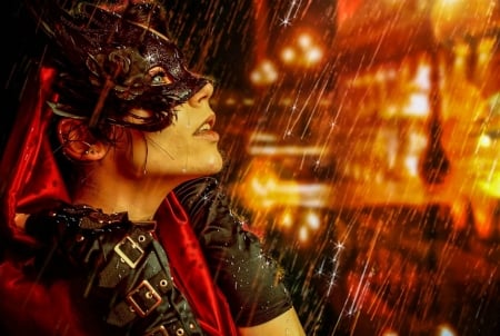 In the rain - face, red, fantasy, rain, mask, orange, girl, woman