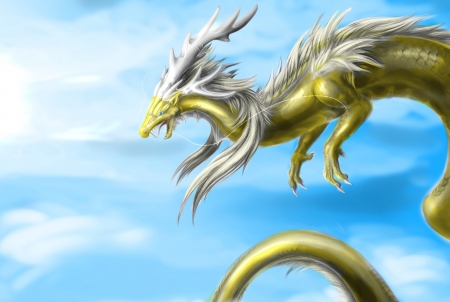 Dragon - fantasy, white, dragon, yellow, blue, sky