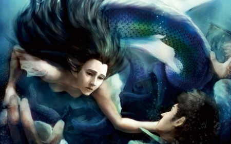 Mermaid - blue, girl, tail, man, creature, fantasy, white, mermaid, underwater, woman, art, luminos