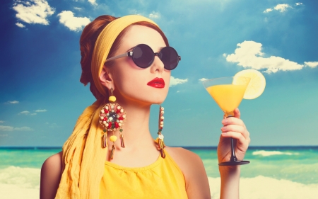 Enjoy summer! - yellow, summer, blue, beach, girl, sea, jewel, cocktail, drink, hand, woman, model, sunglasses