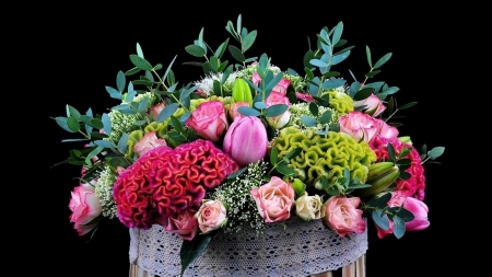 Lovely Bouquet - flowers, vase, pink, red