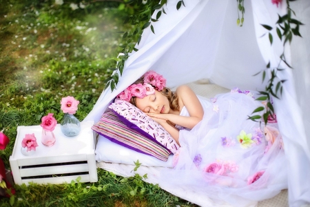 â™¥ - sleeping, flowers, garden, girl