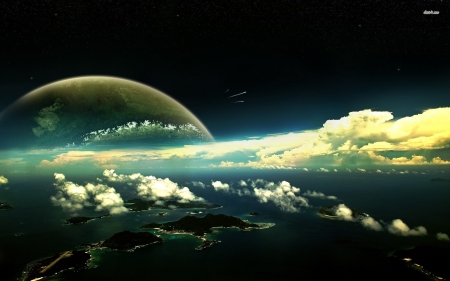 horizen - space, clouds, planet, ocean, country