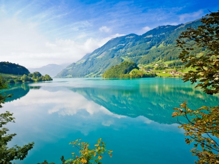 Summer River - lake, trees, summer, mountains, nature, reflection, forest, river, clouds, grass