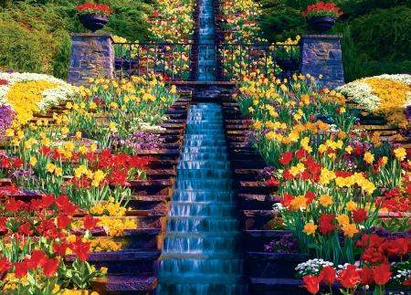 Stair Case Waterrfall - flowers, masterpiece, puzzle, waterfall