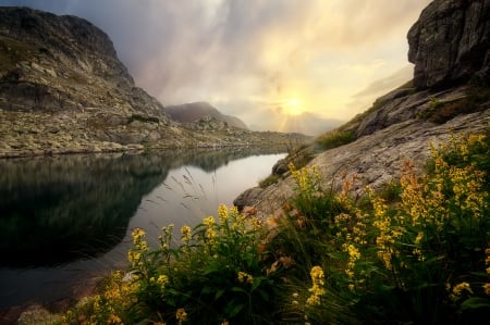 Sunset lake - lake, sky, landscape, sunset, mist, rocks, serenity, reflection, river, beautiful, clouds, wildflowers