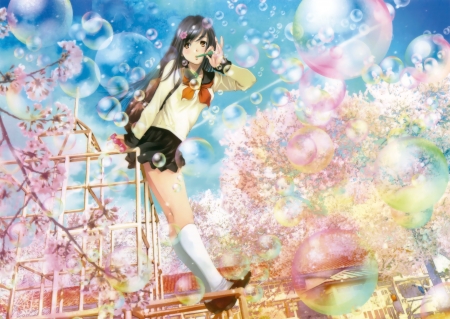 Bubbles - pretty, anime, female, blue, pink, long hair, uniform, flowers, sky, anime girl, cherry blossom, beautiful, girl, beauty, lovely, sweet, lady, woman, soft, bubbles, black hair, cute