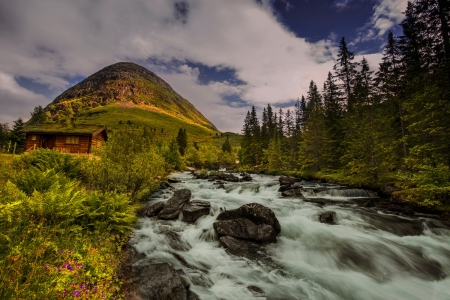 Mountain River - clouds, cabin, landscape, rocks, sky